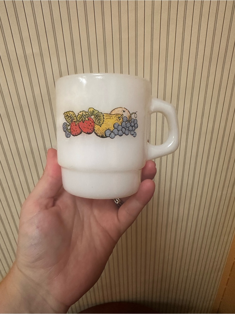 Vintage White Milk Glass Fruit Pattern Mug